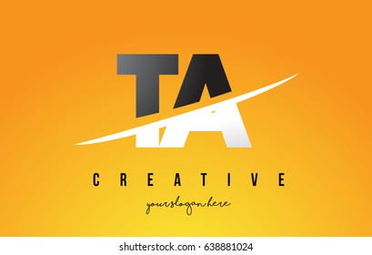 TA T A Letter Modern Logo Design with Swoosh Cutting the Middle Letters and Yellow Background.
