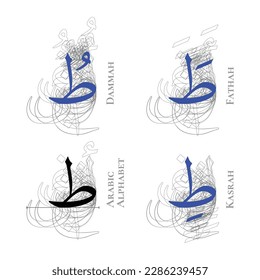 TAA Vector Isolated Fathah Kasrah Dammah Vowel Arabic Alphabet Type Character Letters Script Naskh Nuqta Form Hamzah Outline Shadow Structure Overlap Background Line Path Blue Black White Gray Art
