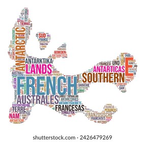 Nube de palabras en forma de país TAAF. Ilustración de país estilo tipográfico. Imagen TAAF en estilo nube de texto. Ilustración vectorial.