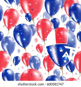 TAAF Independence Day Seamless Pattern. Flying Rubber Balloons in Colors of the French Flag. Happy TAAF Day Patriotic Card with Balloons, Stars and Sparkles.