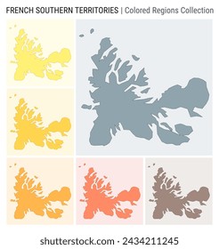 TAAF map collection. Country shape with colored regions. Blue, Grey, Yellow, Amber, Orange, Deep Orange, Brown color palettes. Border of TAAF with provinces for your infographic. Vector illustration.