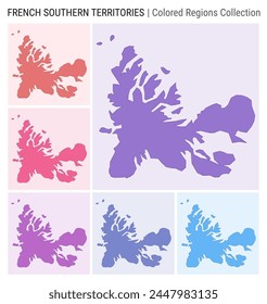 TAAF map collection. Country shape with colored regions. Deep Purple, Red, Pink, Purple, Indigo, Blue color palettes. Border of TAAF with provinces for your infographic. Vector illustration.
