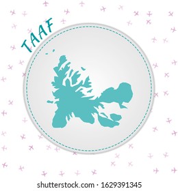 TAAF map design. Map of the country with regions in emerald-amethyst color palette. Rounded travel to TAAF poster with country name and airplanes background. Elegant vector illustration.
