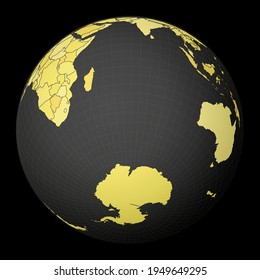 TAAF on dark globe with yellow world map. Country highlighted with blue color. Satellite world projection centered to TAAF. Beautiful vector illustration.