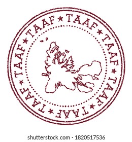 TAAF Rundgummi Stempel mit Landkarte. Vintage rote Passmarke mit kreisförmigem Text und Sternen, Vektorgrafik.