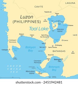 Lago Taal, en la isla de Luzón en Filipinas, mapa político. Lago de la caldera de agua dulce en la provincia de Batangas, que llena el volcán Taal, una Grande caldera volcánica formada por erupciones muy Grandes.