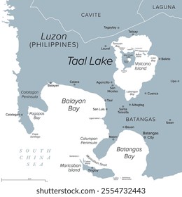 Taal volcano filled by Taal Lake on the island of Luzon in the Philippines, political map. Large caldera of an active Volcano filled with freshwater, located in the Batangas province, south of Manila.