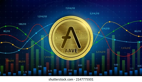 Eave (AAVE) moneda Cryptocurrency blockchain. La futura tecnología de reemplazo de moneda digital, moneda alternativa, el número de la tabla dorada plateada de acciones hacia arriba es fondo. Ilustración vectorial 3D.