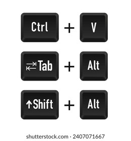 Tab y Alt, Ctrl y v, Shift y alt para cambiar entre el programa abierto. Teclas de teclado. Shift alt del. botón Equipo. Juego de botones de teclado del ordenador. Ilustración del vector