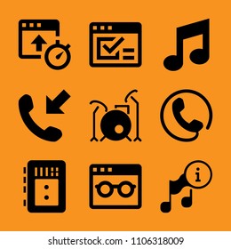 tab, customer, hang, melody, snare and screen icon vector set. Flat vector design with filled icons. Designed for web and software interfaces