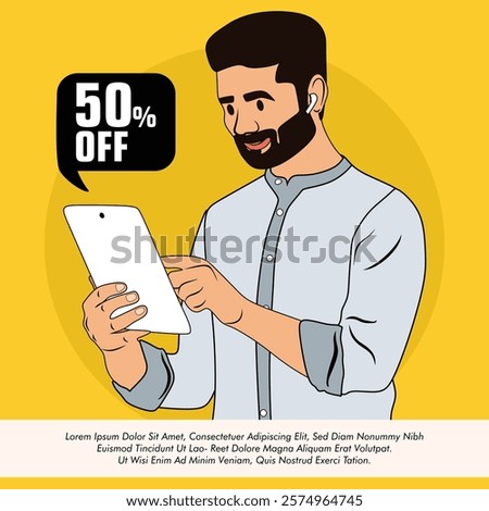 Tab in hand. Happy man showing 50 percent off smartphone display vector illustration and  Young guy holding cellphone 50 percent off banner design 