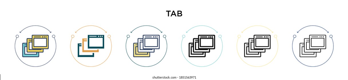 Tab icon in filled, thin line, outline and stroke style. Vector illustration of two colored and black tab vector icons designs can be used for mobile, ui, web
