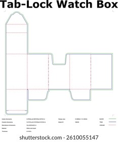Tab Lock Die Cut Template For Watch Box Packaging Design And Product Presentation Mockup With Dimensions