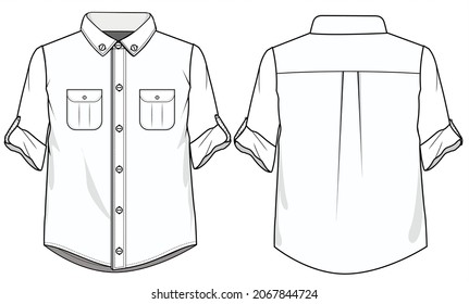 Tab Sleeve Button Down Collar Shirt With Pockets Front And Back View. Fashion Illustration Vector, Technical Drawing, Flat Drawing.