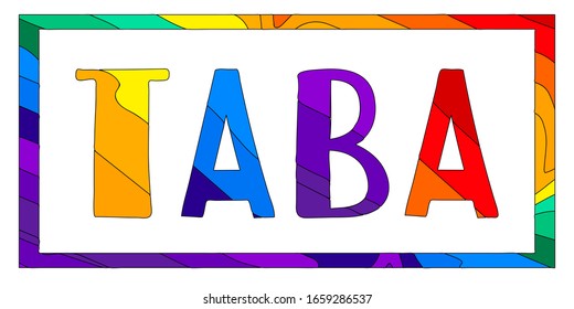 Taba. Multicolored divertida caricatura colorida inscripción aislada en el marco. Taba - resort en Egipto. Para afiches, folletos, volantes, recuerdos, impresiones en ropa, pantalones y bolsas. Imagen vectorial de material.