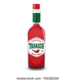 Tabasco Chili Pepper Sauce/
Illustration of a cartoon red hot tabasco bottle, with chili pepper sauce inside