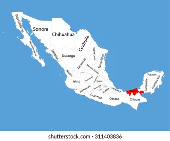 Tabasco, Mexico, vector map silhouette isolated on Mexico map. Editable blank vector map of Mexico. 