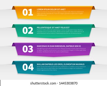 Tabbed labels. Color infographic banners leaflet template, infographics numbered ribbon tags with text. 3d info report vector steps numbers gradient for web used timeline