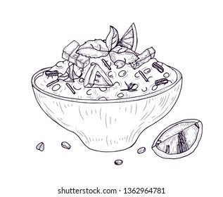 Tabbouleh salad or Hummus in bowl hand drawn with contour lines on white background. Wholesome delicious vegan meal. Appetizing vegetarian food for lunch or dinner. Realistic vector illustration.