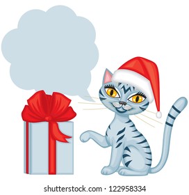 Tabby blue cat in cap Santa gives a gift tied with red ribbon and wishes Merry Christmas