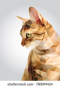 Tabby brown cat green eyes isolated on white background, red orange kitty low polygon, animal crystal design illustration, modern geometric graphic.