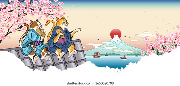 Tabby and calico cat in yukata sitting on roof top and eating taiyaki, sakura fuji mountain scenery