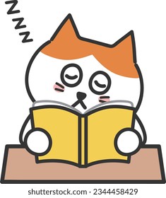 Tabby cartoon cat falling asleep while studying with a book, vector illustration.