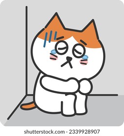 Tabby cartoon cat having social anxiety, vector illustration.