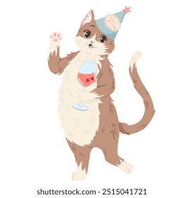 Tabby cat in birthday hat is standing. He's holding a glass with champagne in his front paws. Funny cartoon vector illustration for stickers, prints, invitations design, bar menu