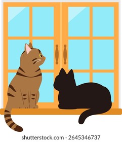 Tabby gato e gato preto olhando para fora pela janela
