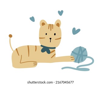 Tabby cat with a bow plays with a blue ball of thread. Childish vector illustration on white background in doodle style for print, sticker