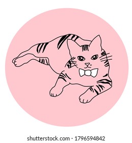 Tabby cat with bow-tie laying down. Cute cat wearing bow-tie collar. Hand-drawn vector.