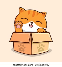 Tabby Cat in The Box Cartoon - White Orange Cats - Cute Striped Cat Waving Paws