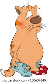 A tabby cat and a chamber pot. Cartoon 