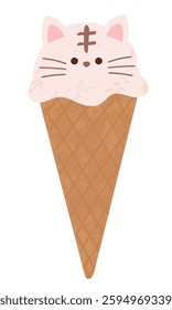 Tabby cat face shaped ice cream Ice cream in a cone Cute hand drawn illustration
