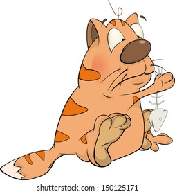 A tabby cat and fish bones. Cartoon 