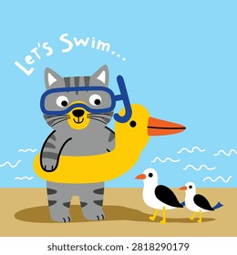 Tabby cat with goggles and snorkel holding duck swim ring on sandy beach with seagulls. Summer swim concept