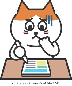 Tabby Cat has difficulty studying with a tablet computer, vector illustration.