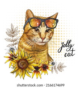 Tabby cat head in sunflowers. Jolly cat lettering quote. Hand drawn style print. Vector illustration isolated on white background. T-shirt composition, print, design, stickers, sublimation, decor