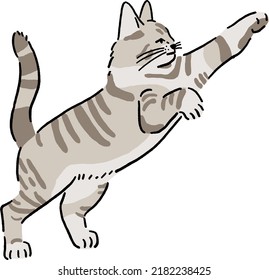 Tabby Cat jump playing outdoor Animal in action Hand drawn color illustration