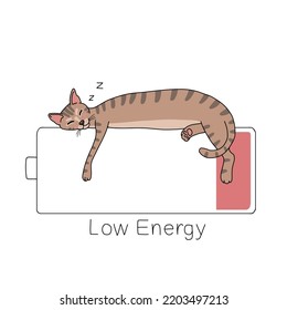 Tabby cat low energy battery cartoon vector illustration