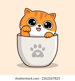 Tabby Cat in Mug Illustration - Orange Striped Pussy Cat Kawaii Hiding in Cup Mug