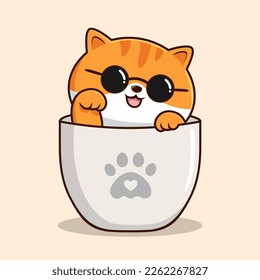 Tabby Cat in Mug with Round Glasses - Orange Striped Pussy Cat Hiding in Cup Mug