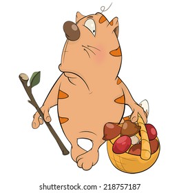 A tabby cat a mushroom picker cartoon