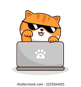 Portátil para jugar al gato en mesa - Gatos de color naranja blanco - Gafas de gatos a rayas recortadas Reproducción portátil Gafas de sol frescas