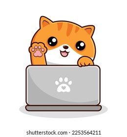 Tabby Cat Playing Laptop - White Orange Cats - Cute Striped Cat Play Laptop Waving Paws-