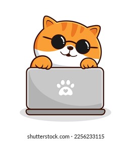 Tabby Cat Playing Laptop    White Orange Cats    Striped Cat Cool Circle Glasses