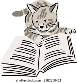 Tabby Cat reading book Animal in action Hand drawn color illustration