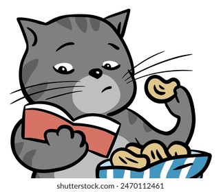 Tabby cat reads a book and eats chips. Funny pet. Cartoon vector illustration on white background. Hand drawn line
