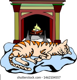 Tabby cat is resting on a blue bedspread near the fireplace, in which the fire is lit.